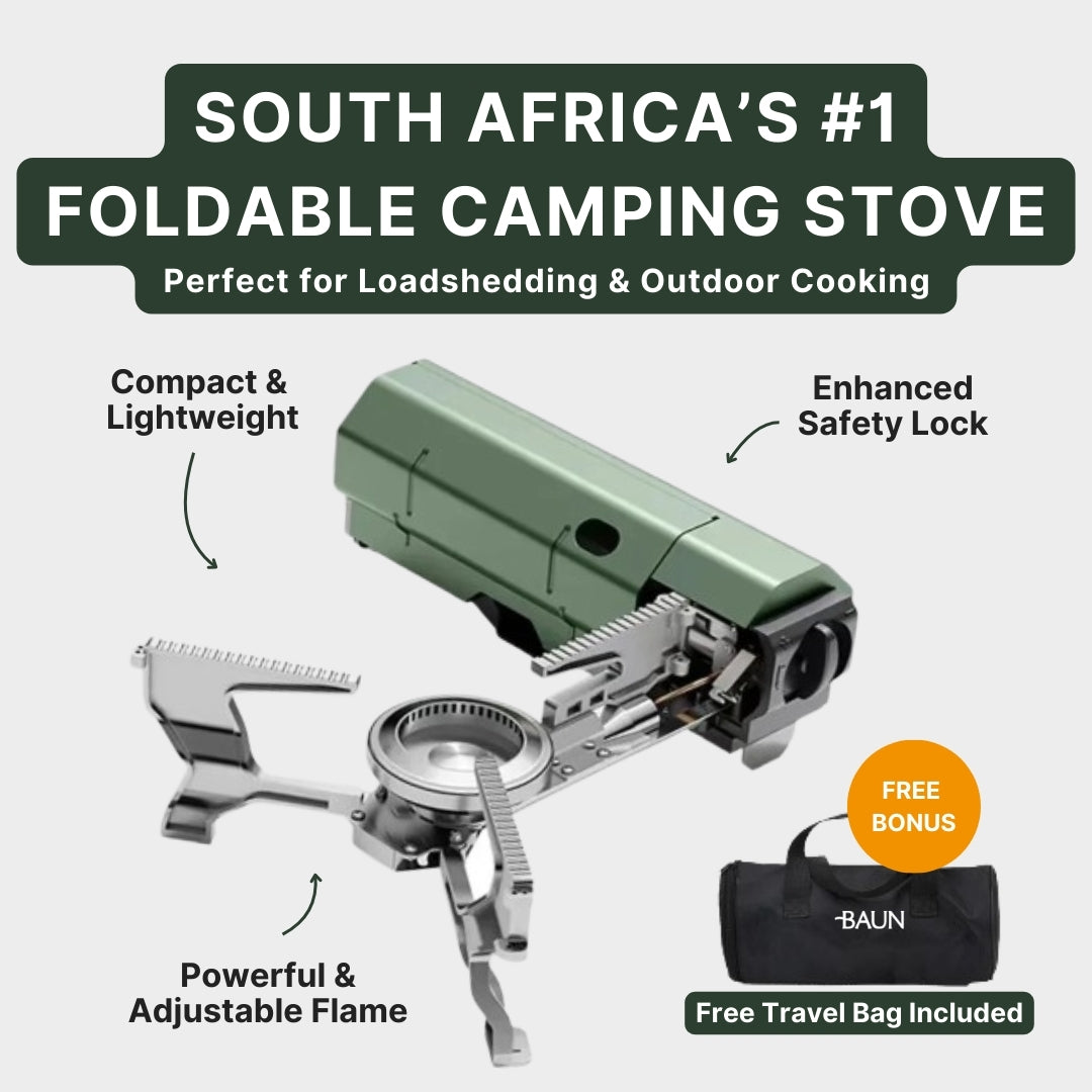 Foldable camping stove with free travel bag – South Africa’s #1 portable gas cooker for camping, braais, and load shedding.