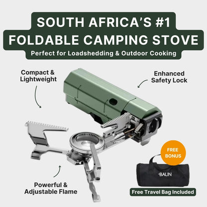 Foldable camping stove with free travel bag – South Africa’s #1 portable gas cooker for camping, braais, and load shedding.