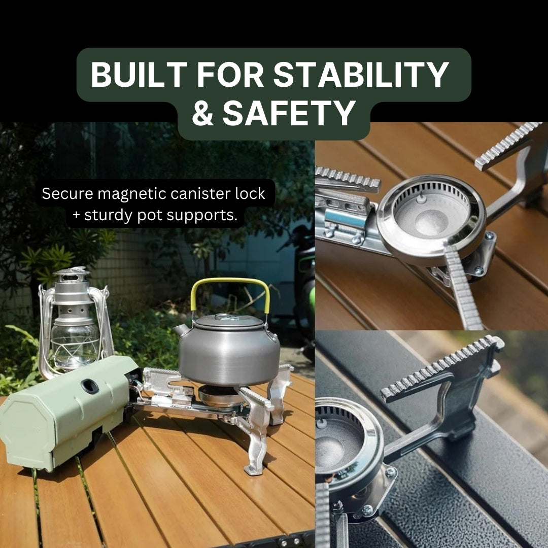 Camping stove with magnetic canister safety lock and sturdy pot supports – reliable for outdoor and home cooking.