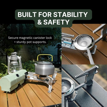 Camping stove with magnetic canister safety lock and sturdy pot supports – reliable for outdoor and home cooking.