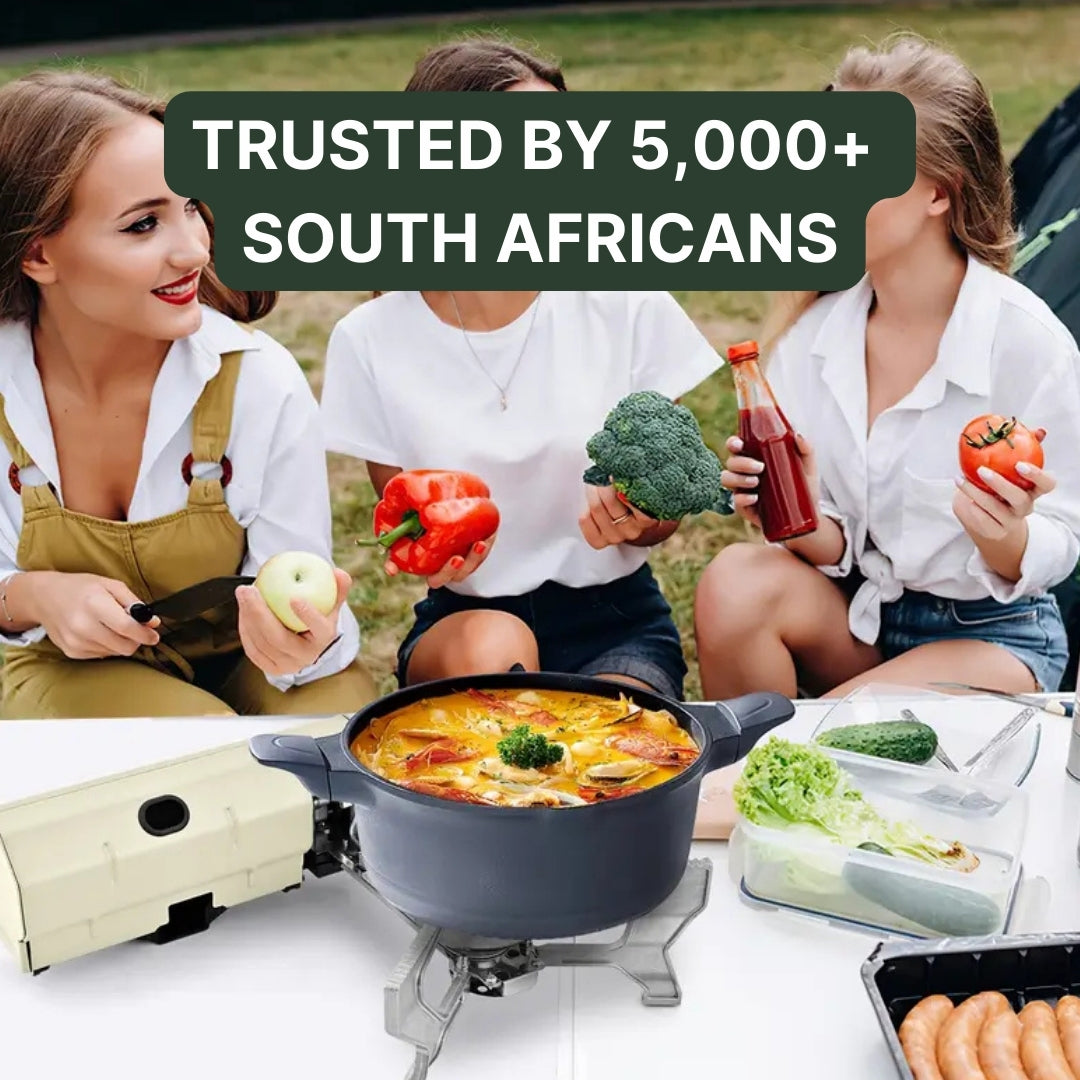 Group of friends cooking and eating outdoors with a foldable camping stove – trusted by over 5,000 South African customers.